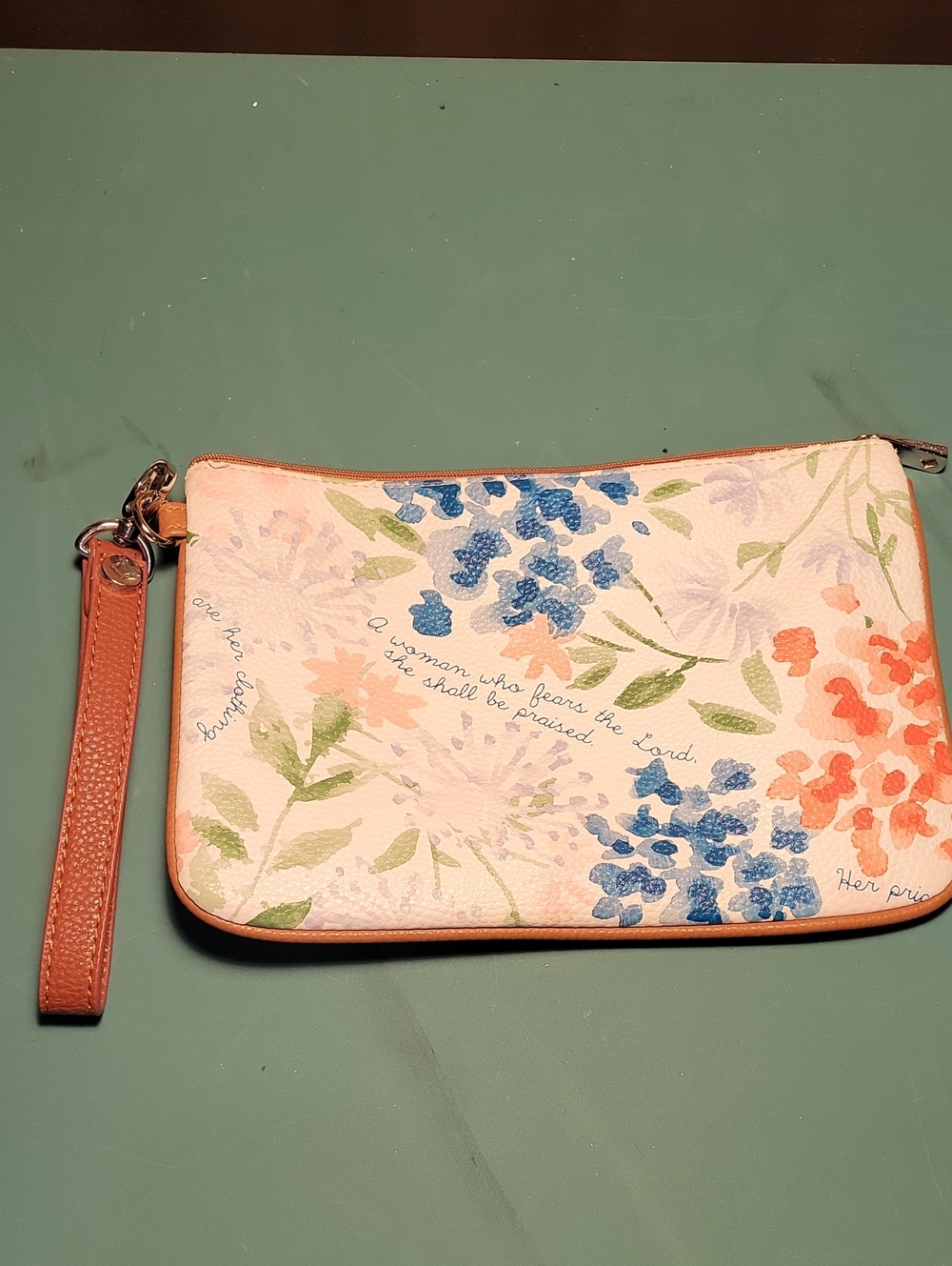 Thirty One Floral Wristlet Clutch - Blue & Coral Floral Print